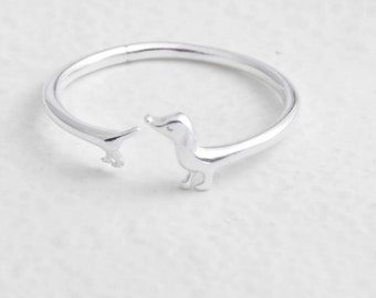 Sierlijke teckelring in sterlingzilver, schattige hondenring, verstelbare ring, minimalistische ring, cadeau voor haar, cadeau voor vrouwen, kerstcadeau