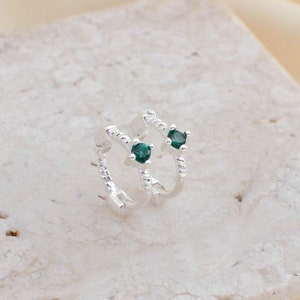 Tiny Emerald Green CZ Huggie Hoops in Sterling Silver, Stackable Earrings, Minimalist Twisted Huggies, Gift for Her, Christmas Gift for Mum