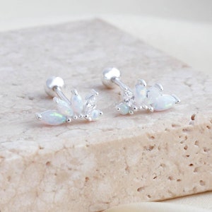 White Opal Marquise Cluster Cartilage Stud Earring, Opal & CZ Stud Earring in Sterling Silver, Screw-back Stud, Gift for Her, Christmas Gift