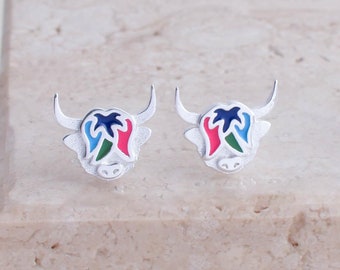 Dainty Highland Cow Stud Earrings in Sterling Silver, Cute Silver Cow Earrings, Mens & Womens Animal Earrings, Christmas Gift for Her or Him