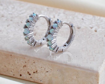 White Opal Huggie Hoops in Sterling Silver, Dainty Hoop Earrings, Opal Earring, Gift for Her, Gift for Women, Christmas Gift, 6mm, 8mm, 10mm