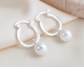 Pearl Huggie Hoop Earrings in Sterling Silver, Pearl Earrings, Wedding Earrings, Bridal Earrings, Birthday Gift, Gift for Her, Gift for Mum