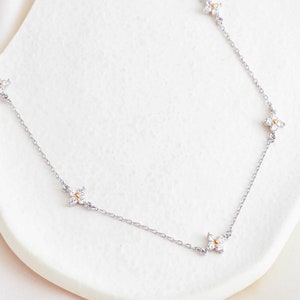 CZ Hydrangea Flower Necklace in Sterling Silver, Silver CZ Charm Necklace, Four Leaf Petal Flower Necklace, Gift for Her, Christmas Gift