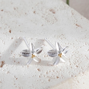 Peut inclure: Une paire de boucles d'oreilles à clous en forme de fleur argentée avec un petit centre doré. Les boucles d'oreilles sont posées sur une surface texturée blanc cassé. Le motif floral comporte cinq pétales.