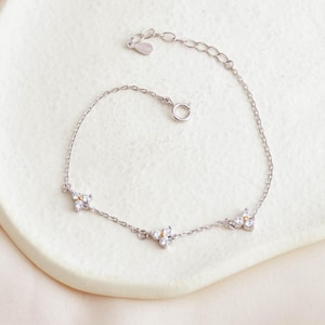Tiny CZ Flower Bracelet in Sterling Silver, Three Dot Trinity Bracelet, Minimalist Silver Bracelet, Bridesmaid Gifts, Christmas Gift for Her