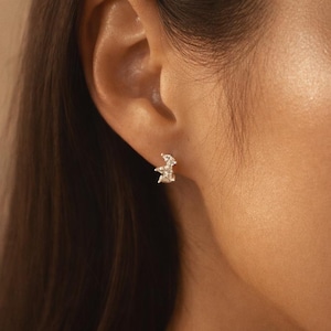 CZ Leaf Hoop Earrings in Sterling Silver, Silver Huggie Hoop Earrings, Minimalist CZ Earrings, Gift for Her, Gift for Mum, Christmas Gift