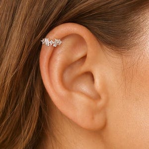 CZ Ear Cuff in Sterling Silver, Baguette No Piercing Cartilage Earring, Dainty Silver Stackable Jewellery,Christmas Gift for Her w/ Gift Box