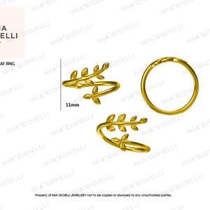 May include: Gold-colored olive leaf ring, with three views of the ring. The ring has an olive leaf design with a measurement of 11mm. The brand name "MIA GIOIELLI" is in the upper left corner, with the text "OLIVE LEAF RING" below it.