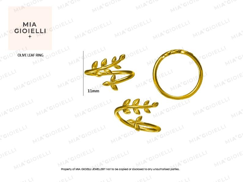 May include: Gold-colored olive leaf ring, with three views of the ring. The ring has an olive leaf design with a measurement of 11mm. The brand name "MIA GIOIELLI" is in the upper left corner, with the text "OLIVE LEAF RING" below it.