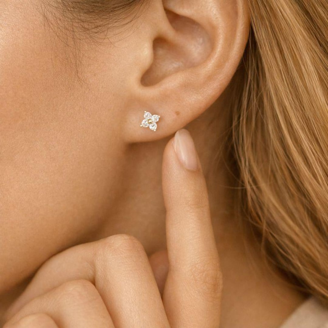 Tiny CZ Flower Stud Earrings in Sterling Silver, Hydrangea Flower