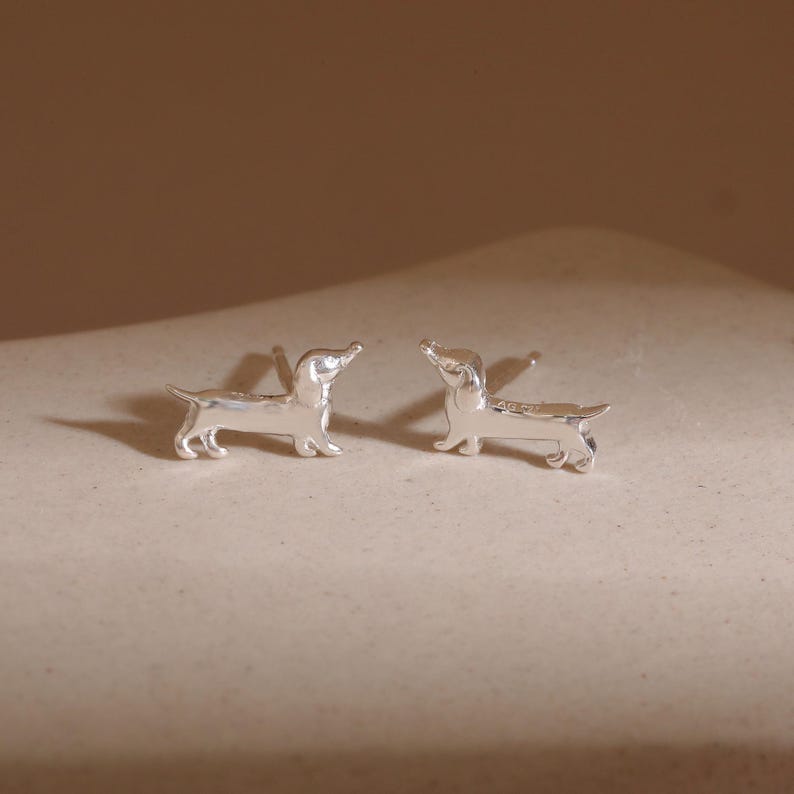 Op de afbeelding: Een paar zilverkleurige teckel oorknopjes. Elke oorbel is een gedetailleerde miniatuur van een teckel, met zichtbare poten, lichaam en kop. De oorbellen zijn geplaatst tegen een neutrale achtergrond.