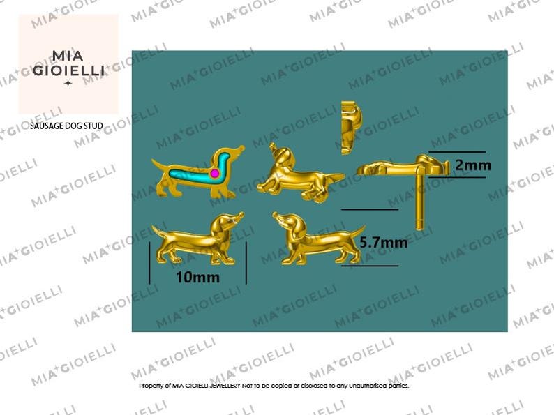 Op de afbeelding: Goudkleurige teckel oorknopjes. De oorbellen zijn 10 mm lang en 5,7 mm hoog. De afbeelding toont ook een zijaanzicht van de oorbelpen, die 2 mm lang is. De tekst op de afbeelding luidt "SAUSAGE DOG STUD".