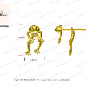 May include: Gold frog stud earrings. The frog is 19 mm tall and 12 mm wide. The earrings are a whimsical and fun addition to any jewelry collection.