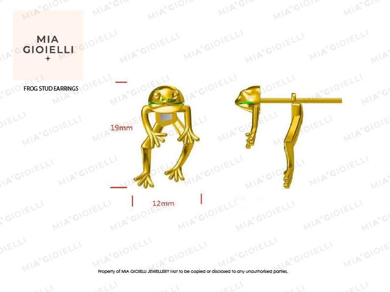 May include: Gold frog stud earrings. The frog is 19 mm tall and 12 mm wide. The earrings are a whimsical and fun addition to any jewelry collection.