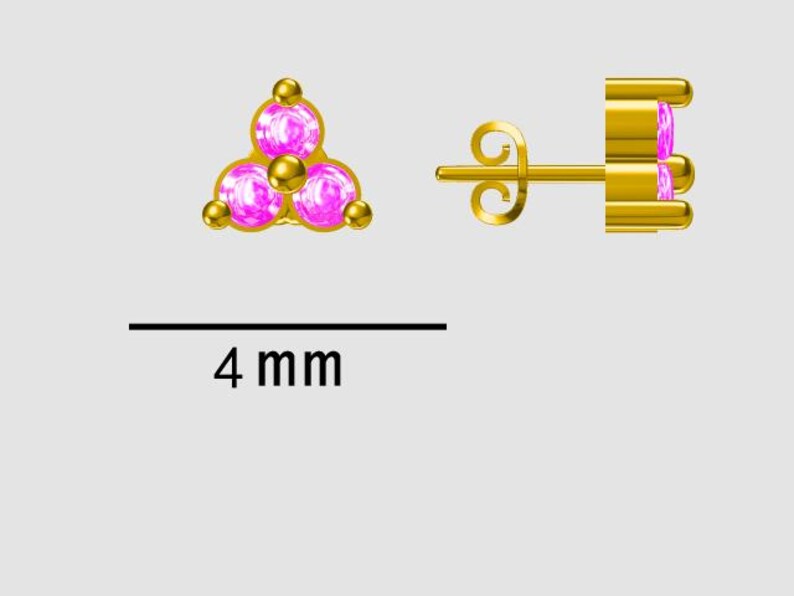 May include: Gold-colored stud earrings with a cluster of three pink gemstones, each surrounded by a gold bead. The earrings are 4 mm in size. One earring is shown from the front, and the other from the side.