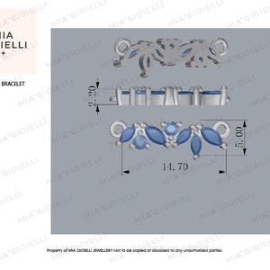 May include: A silver CZ leaf bracelet with blue stones. The bracelet is 5.00 inches long and 14.70 inches wide. CZ Leaf Bracelet.