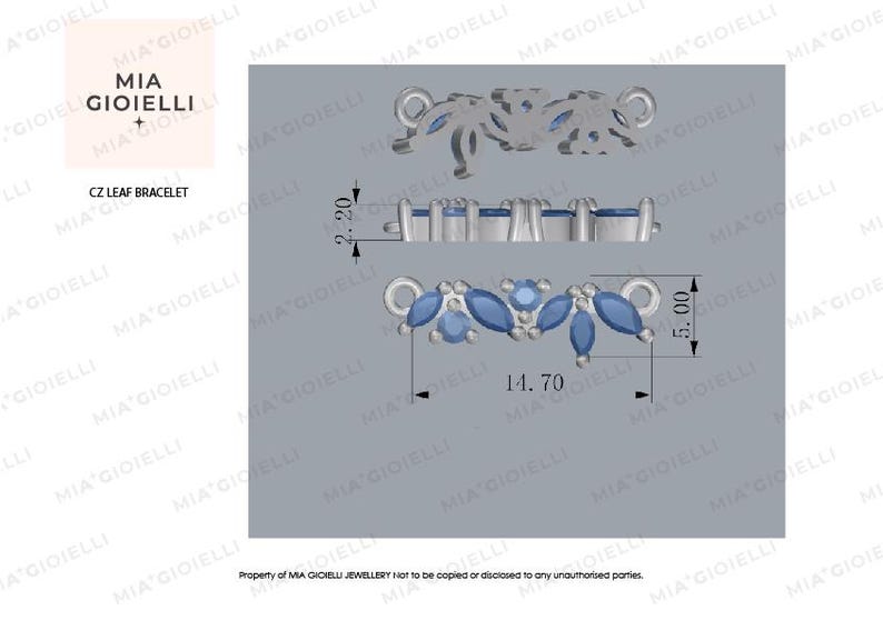 May include: A silver CZ leaf bracelet with blue stones. The bracelet is 5.00 inches long and 14.70 inches wide. CZ Leaf Bracelet.