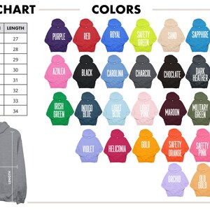 May include: Image displays a size chart and a color palette for hoodies. The size chart lists sizes S to 5XL with corresponding width and length measurements in inches. The color options include purple, red, black, and more.