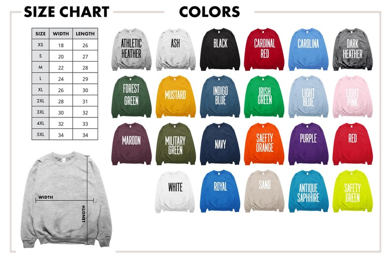 May include: A size chart and a color palette of sweatshirts are displayed. The size chart shows measurements for XS to 5XL. Colors include black, red, blue, green, and more. The sweatshirts are shown in various colors.
