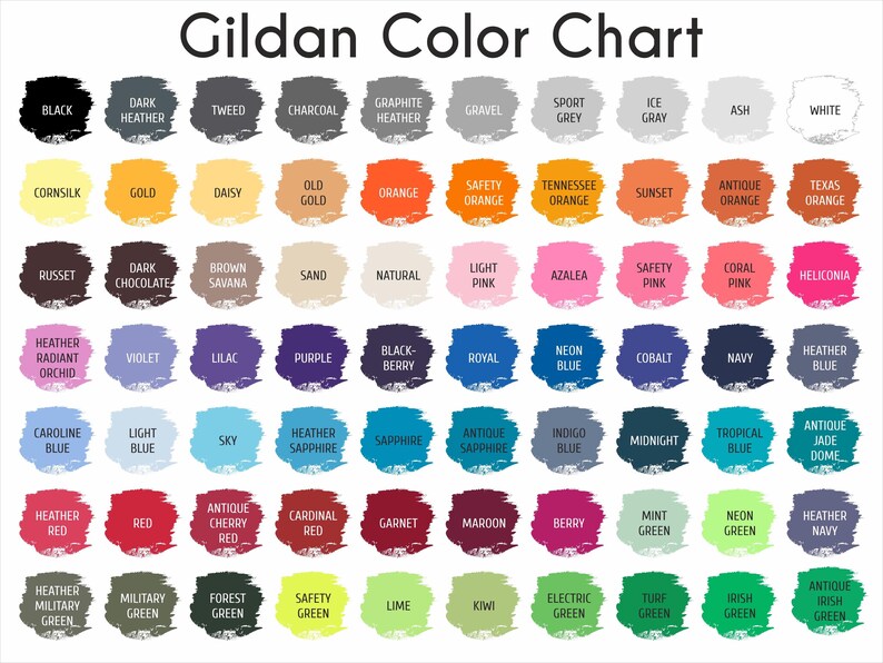 May include: A color chart labeled "Gildan Color Chart" displays a variety of colors, including black, white, and various shades of gray, orange, pink, blue, and green. Each color is represented by a swatch with the color name printed above it.