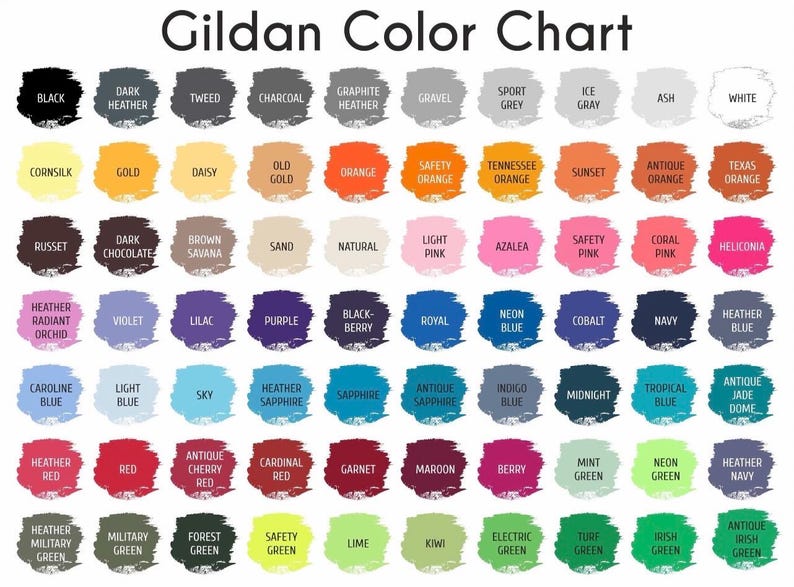 Op de afbeelding: Een "Gildan Color Chart" toont een verscheidenheid aan stoffen kleuren. De kaart bevat tinten als zwart, heather grijs, marineblauw, rood en groen, waarbij elke kleur in een staal wordt gepresenteerd.