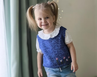 Hand Knit Vest for Baby Girl, Hand Embroidery Vest, Vest for Girls, 2 Years Anniversary Gift, Hand Knitted Vest