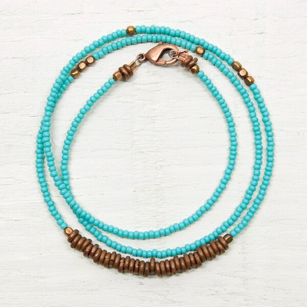 Seed Bead Necklace // Minimal and Rustic // Turquoise Green and Copper