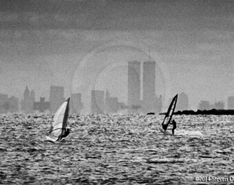 Windsurfers, NYC Skyline Viewed From Greenwich Connecticut