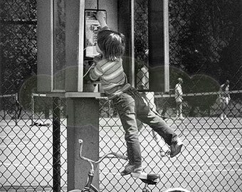 Phone Booth, A Little Girl Stands on Bike, Phone Picture Photo