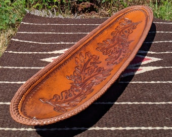 Long Leather Tray with white oak leaves and acorns