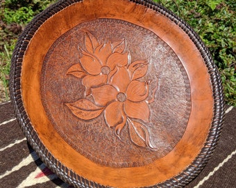 Large Leather Bowl with dogwood pattern