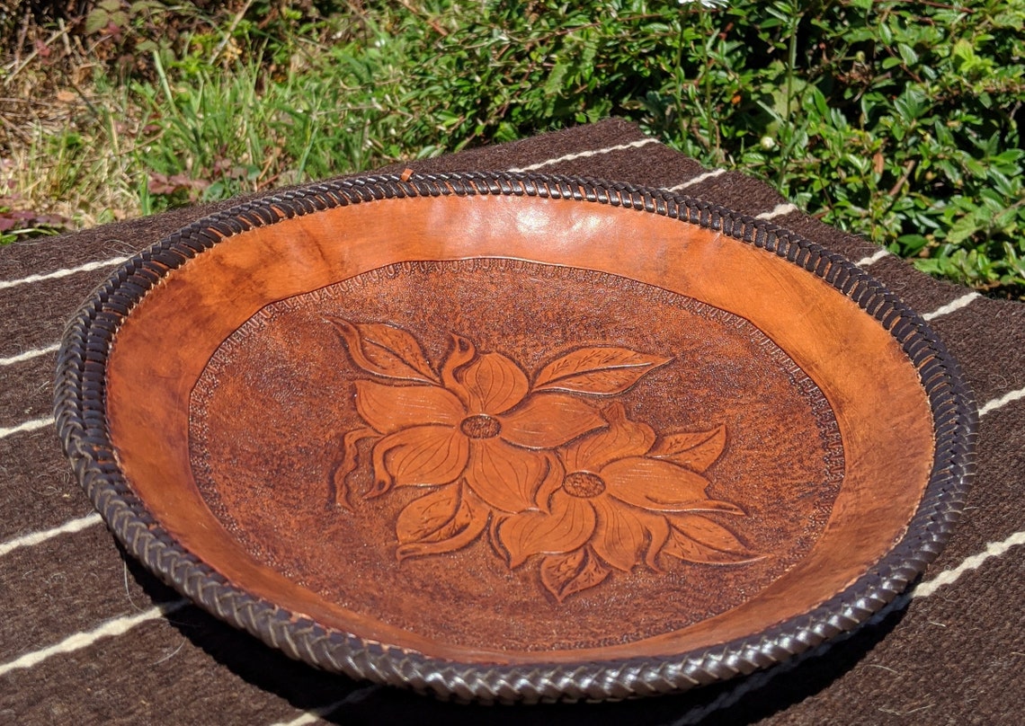 Large Leather Bowl With Dogwood Pattern Etsy