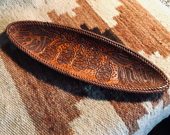 NEW SHAPE! Leather Tray with Sequoia redwood pinecone and dogwood design; 2-sided