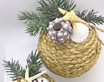 ROPE CHRISTMAS ORNAMENT, seashell starfish ornament, rope ball, coastal farmhouse ornament, boho ornament, beach house ornament, 4" or 6"