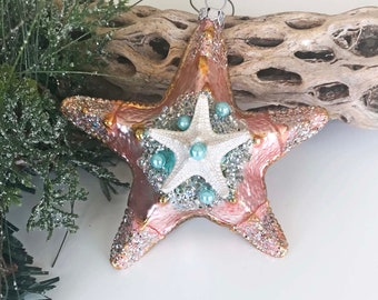 DOUBLE STARFISH ORNAMENT, beach decor Christmas ornament, sparkly starfish ornament, beach house aqua/coral ornament, nautical ornament, 4"