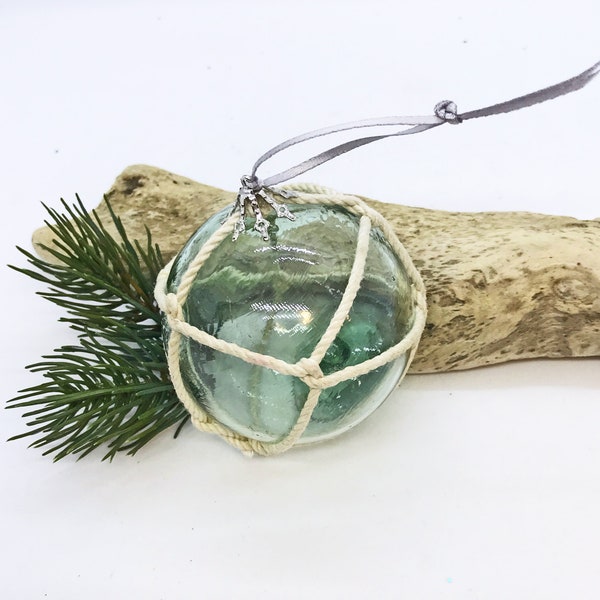 BEACH CHRISTMAS ornament,AUTHENTIC Glass Float Ornament, vintage aqua/green Japanese fishing float, nautical gift, coastal Christmas, 2.5"