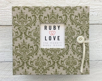 BABY BOOK | Vintage Olive Green Damask Album