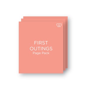 May include: A stack of three peach-colored pages with the text "FIRST OUTINGS Page Pack" and two white hearts in the top right corner.