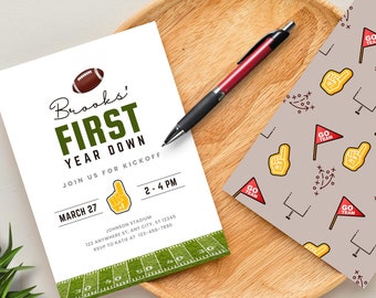 First Year Down Birthday Invitation, Football Birthday Invitation, 1st Year Down Party Invite, 1st Birthday, Editable Digital Canva Template