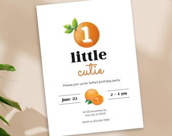 One Little Cute Birthday Invitation, Orange Birthday, One Little Cutie Party Invite, 1st Birthday, Cutie, Editable Digital Canva Template