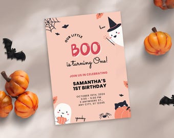 Our Little Boo-verjaardagsuitnodiging, schattige geestverjaardag, Our Little Boo-feestje, 1e verjaardag, Halloween, bewerkbare digitale canvassjabloon