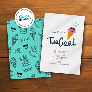 Two Cool Boy Birthday Invitation, 2nd Birthday Party, Smiley Face Invitation, Ice cream, Editable Template Instant Download, Digital Canva