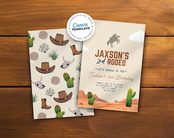 2nd Rodeo Birthday Invitation, Cowboy Wild West Invite, Rodeo Birthday Party, Western Cowgirl, Editable Template, Instant Download Canva