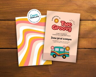Dos geniales invitaciones para segundo cumpleaños, fiesta de cumpleaños retro boho, invitación para fiesta hippie, cumpleaños retro de niña, invitación digital editable, Canva