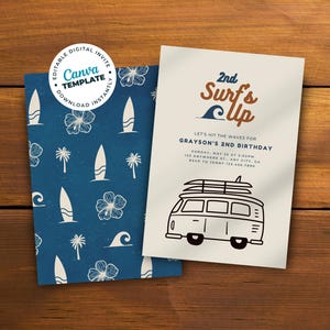 Surf 2nd Birthday Invitation, Retro Surfing Theme, Surfer Beach Party, Boy Girl Birthday, Surf&#39;s Up, Editable Template, INSTANT DOWNLOAD