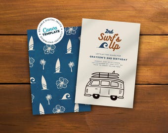 Surf 2nd Birthday Invitation, Retro Surfing Theme, Surfer Beach Party, Boy Girl Birthday, Surf's Up, Editable Template, INSTANT DOWNLOAD