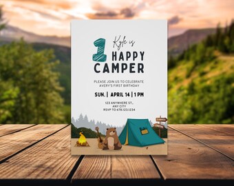Inbjudan till första födelsedag för en glad campare, campingfödelsedag, en glad campare-fest, 1-årsdag, camping, redigerbar digital canvasmall