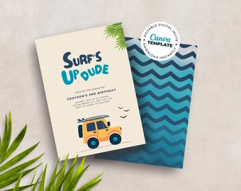 Surf 2nd Birthday Invitation, Retro Surfing Theme, Surfer Beach Invite, Boy Girl Party, Surf's Up Dude, Editable Template, INSTANT DOWNLOAD
