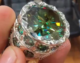 Beautiful Greenish Moissanite Gemstone Ring For Men Handmade Sterling Silver 925 Ring Real Moissanite Gemstone Ring