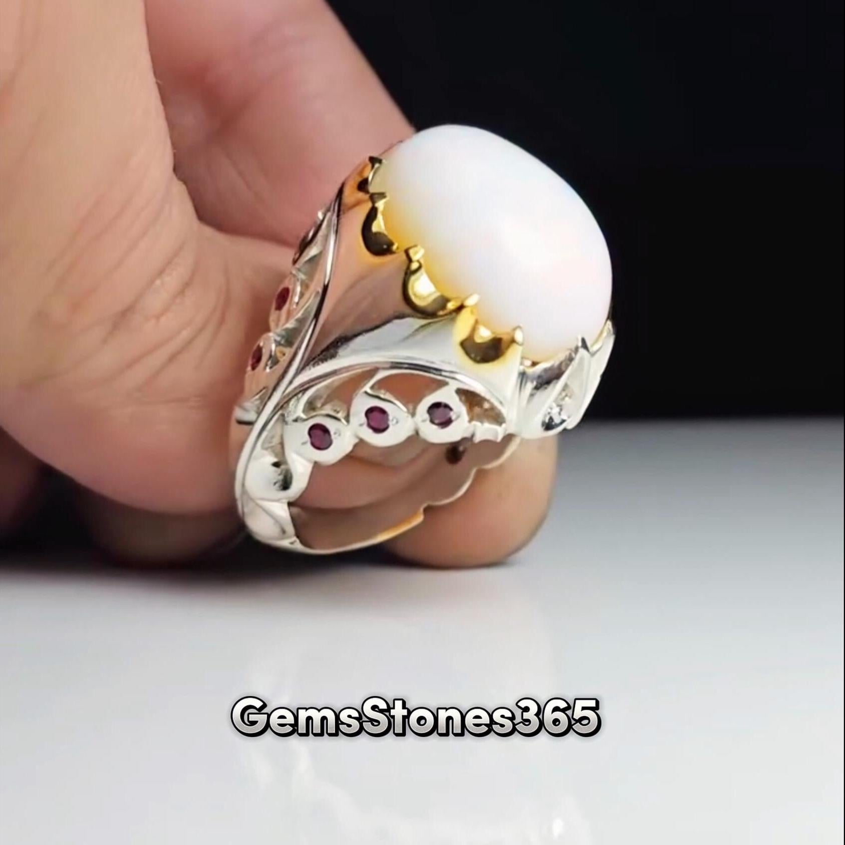 Anello Da Uomo In Madreperla, Cinturino In Argento Sterling Bianco